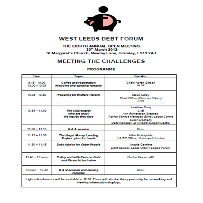 West Leeds Debt Forum Meeting Programme March 2012